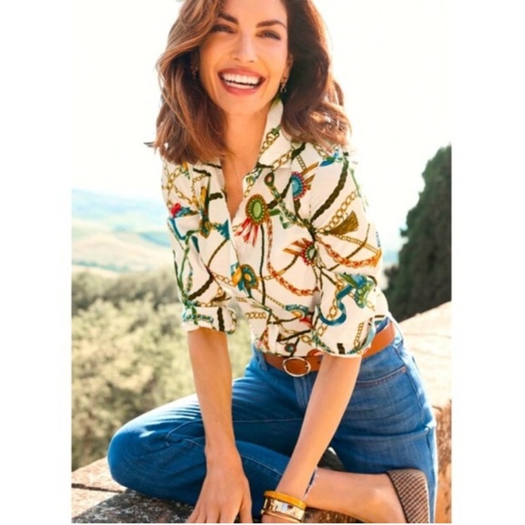 Talbots Long Sleeve Button Front Links & Ribbons Equestrian Cotton Shirt XS - Picture 10 of 10